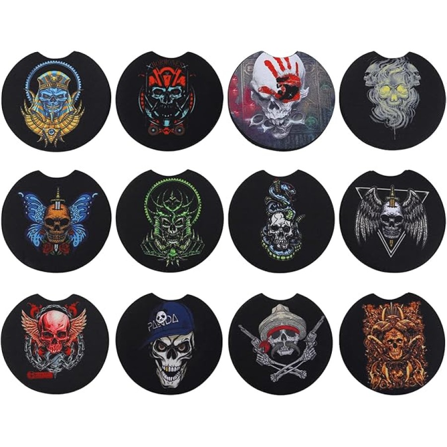 Car Coaster 12 Pack Car Cup Holder Coaster Set for Drinks Absorbent Keep Clean Auto Accessories Rock Skull Series