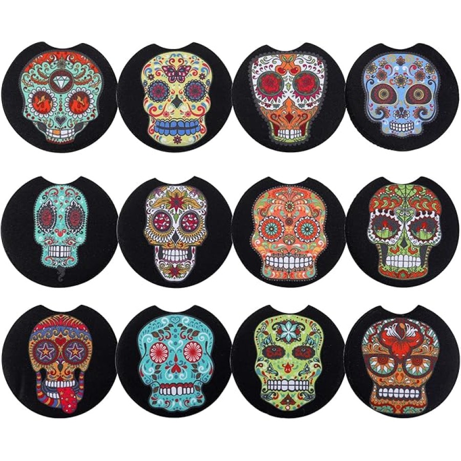 Car Coaster 12 Pack Car Cup Holder Coaster Set for Drinks Absorbent Keep Clean Auto Accessories Kaleidoscope Skull Series