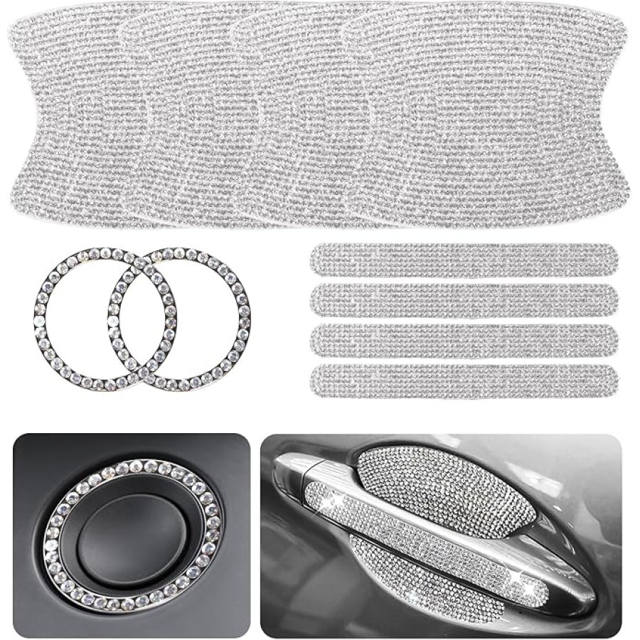 10 PCS Bling Car Door Handle Protector Rhinestone Push Start Button Cover Ring Automotive Exterior Accessories for Women White