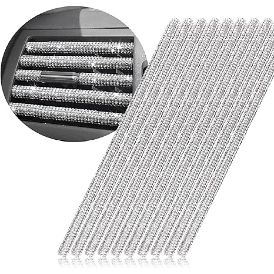 10 PCS Bling Car Vent Trim Strips Rhinestone Car Accessories for Women Interior Automobile Air Conditioner Decorations White