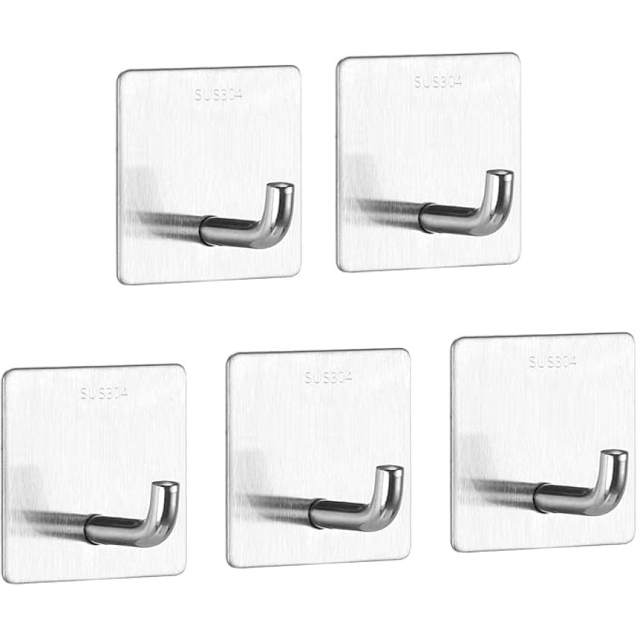 Adhesive Hooks 5 Pack Waterproof Stainless Steel Towel Hooks Wall Hooks for Hanging Clothes Bathroom Kitchen Home Improvement