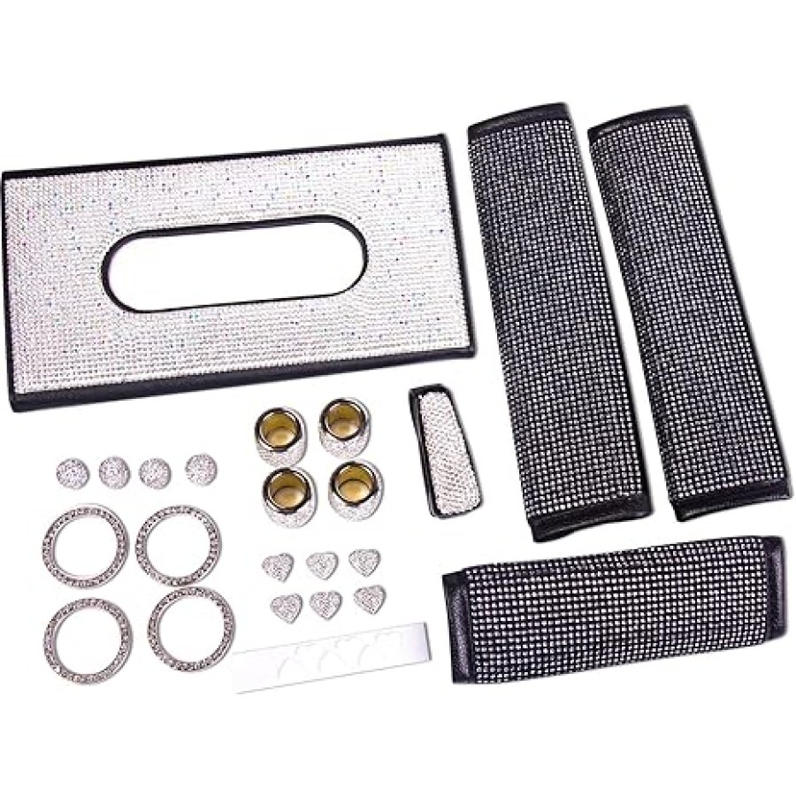 23 PCS Bling Car Accessories Set with Visor Sunglasses Tissue Holder Headrest Collars Rings Seat Belt Handbrake Cover Push Start Button Ring Valve Caps Heart Stickers Car Decor for Women