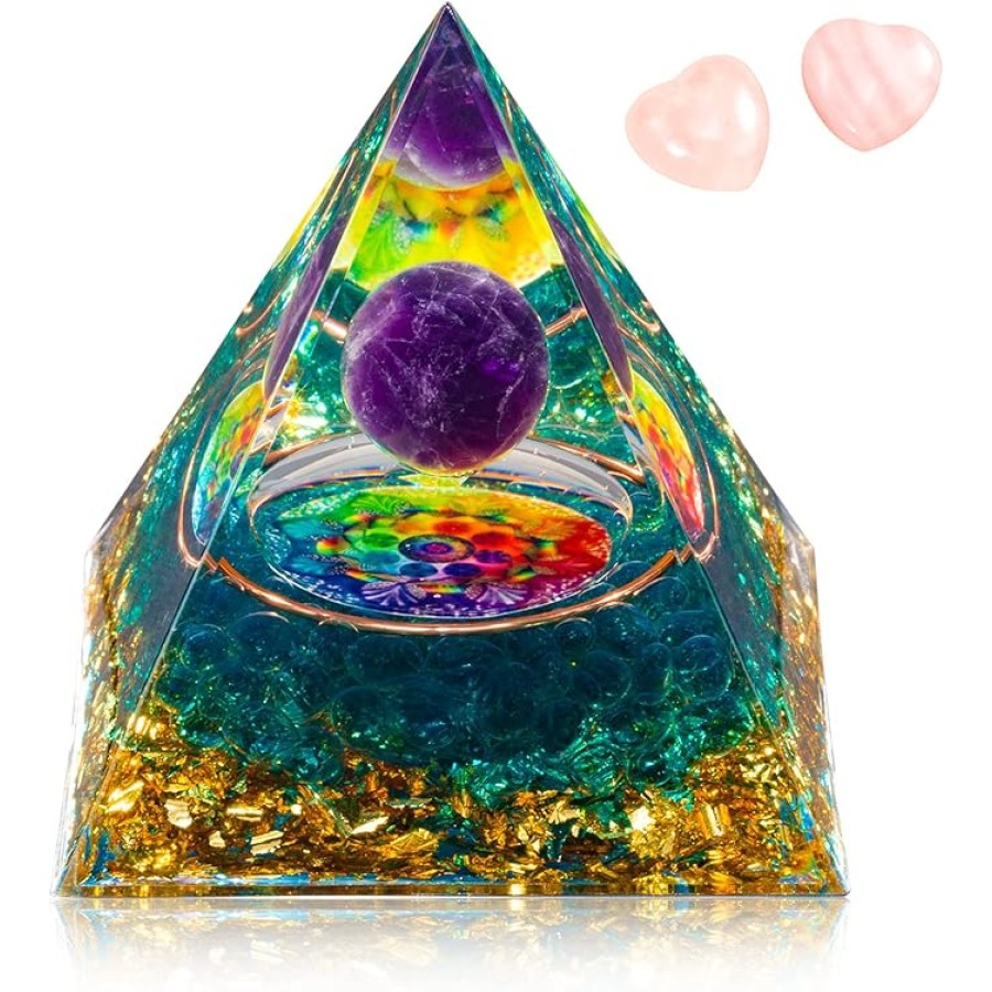 Orgone Crystal Pyramid for Positive Energy Amethyst Crystal Ball Energy Protection Generator for Meditation and Stress Reduction Attract Lucky with 2 Heart-Shaped Crystals Stones Style A