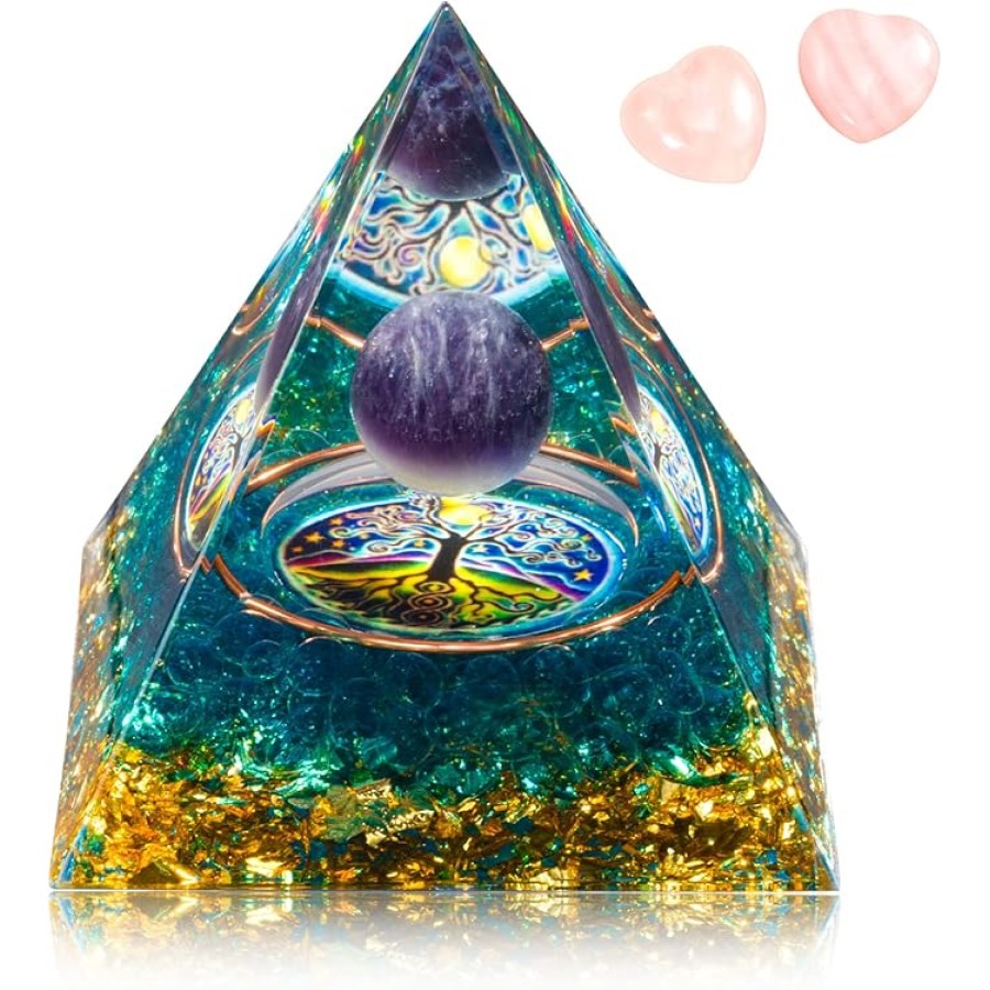 Orgone Crystal Pyramid for Positive Energy Amethyst Crystal Ball Energy Protection Generator for Meditation and Stress Reduction Attract Lucky with 2 Heart-Shaped Crystals Stones Style B