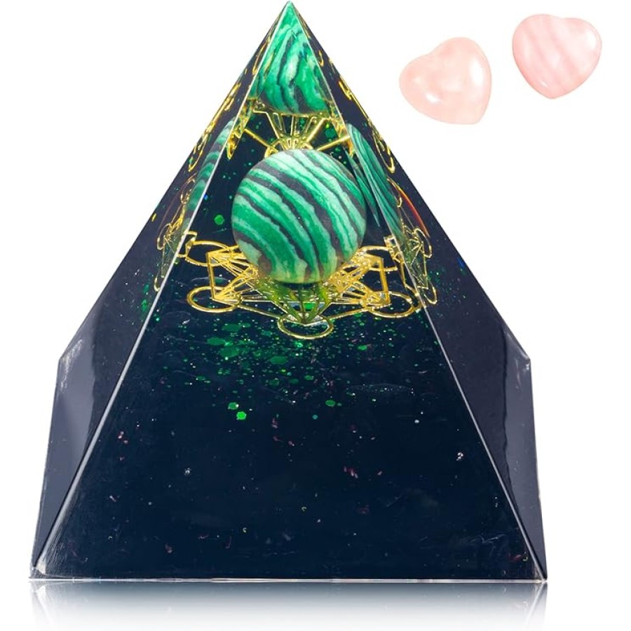 Orgone Crystal Pyramid for Positive Energy Amethyst Crystal Ball Energy Protection Generator for Meditation and Stress Reduction Attract Lucky with 2 Heart-Shaped Crystals Stones Style C