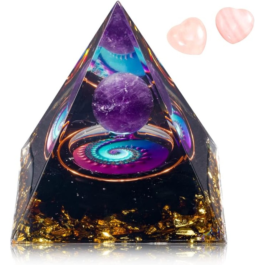 Orgone Crystal Pyramid for Positive Energy Amethyst Crystal Ball Energy Protection Generator for Meditation and Stress Reduction Attract Lucky with 2 Heart-Shaped Crystals Stones Style D