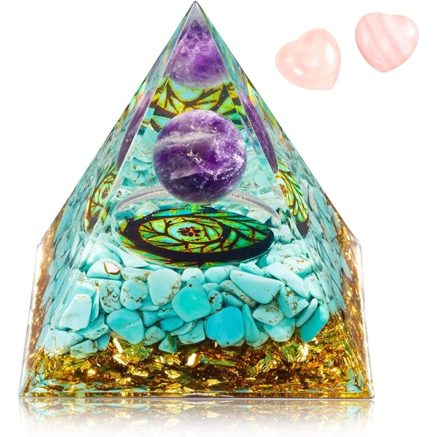 Orgone Crystal Pyramid for Positive Energy Amethyst Crystal Ball Energy Protection Generator for Meditation and Stress Reduction Attract Lucky with 2 Heart-Shaped Crystals Stones Style E