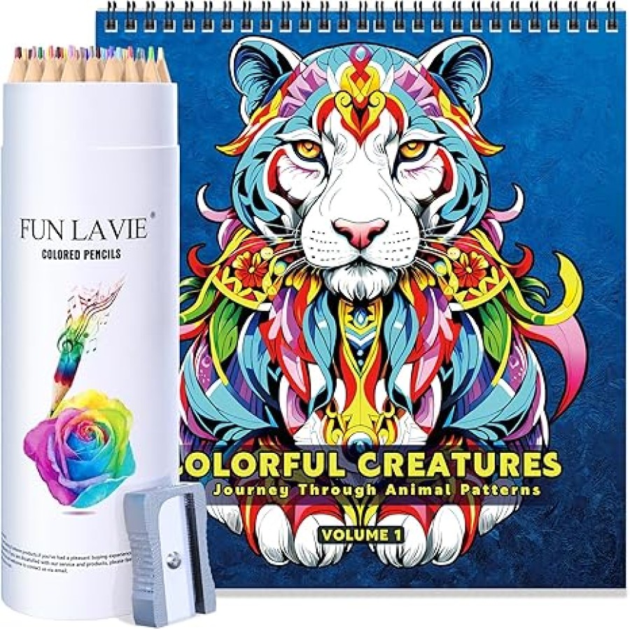 48 Colored Pencils + Coloring Book Mandala Animal Design