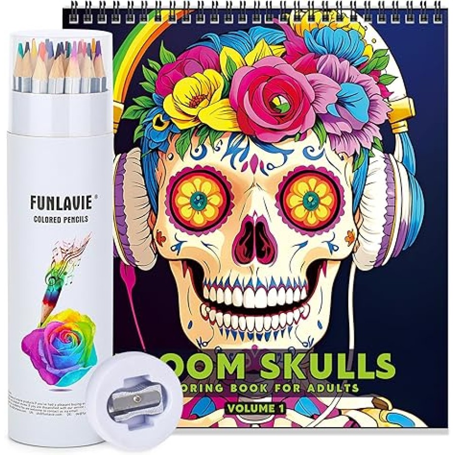 24 Colored Pencils + Coloring Booking Sugar Skulls Design