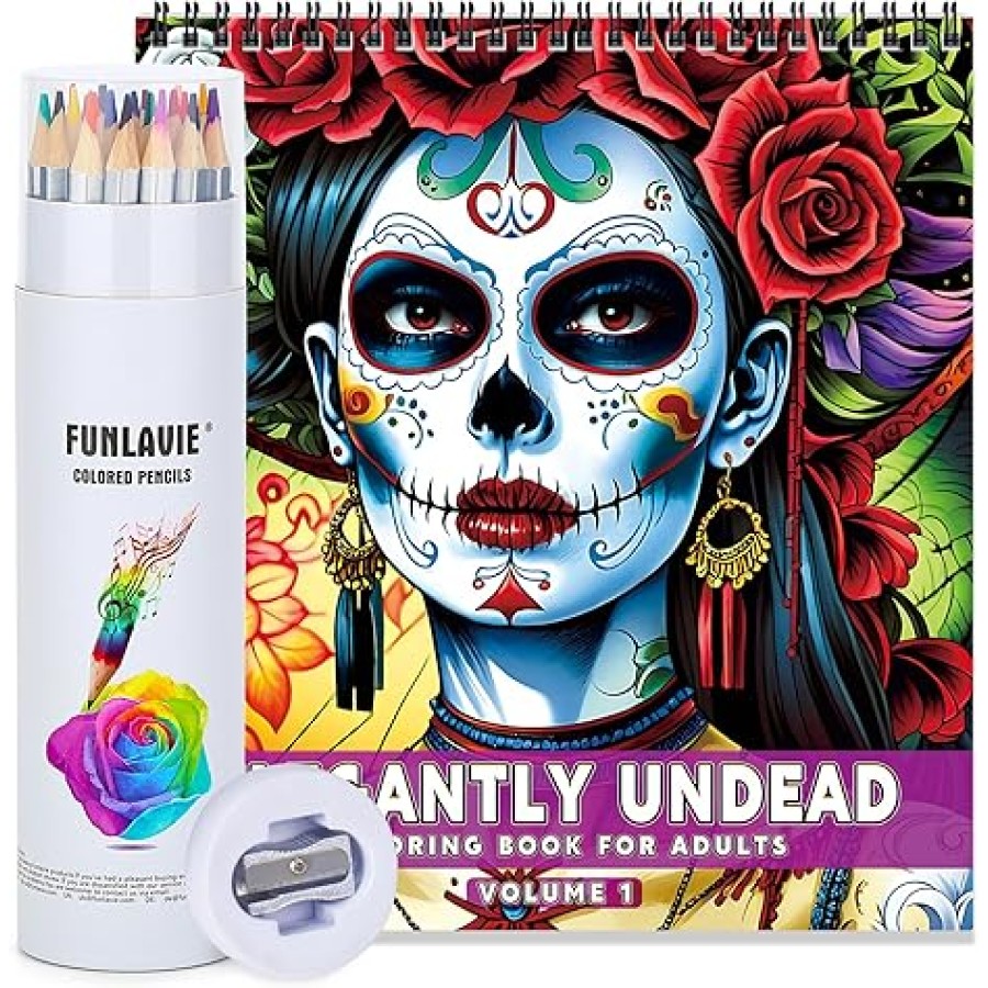 24 Colored Pencils + Coloring Book Sugar Skull Women Design