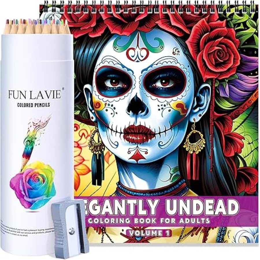 48 Colored Pencils + Coloring Book Sugar Skull Women Design