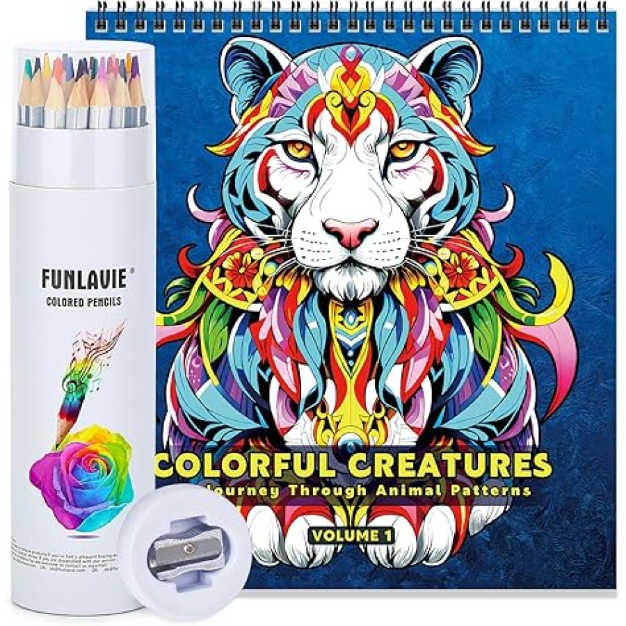 24 Colored Penclis + Coloring Book Mandalas Animal Design