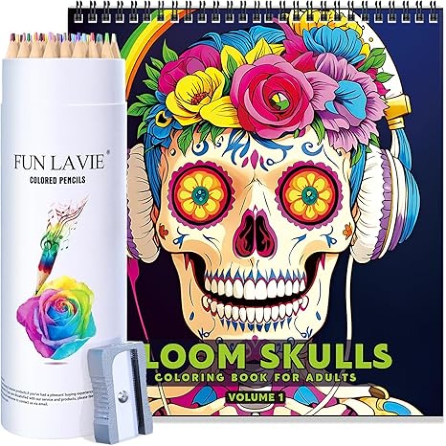 48 Colored Pencils + Coloring Book Sugar Skulls Design