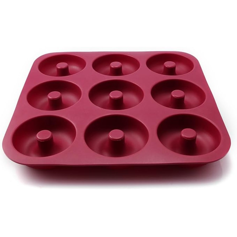 Large Professional Grade Donut Pan for Baking 9 Cavity Non-Stick Bagel Pan Silicone Donut Mold BPA Free 11.2 x 11.1 Inches (Color: Claret Red)